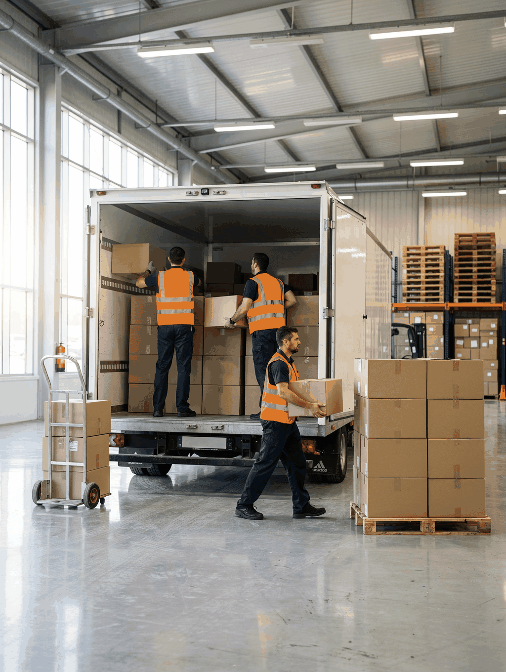Professionelles Umzugsteam beim Verladen von Umzugskartons in einen Transporter
