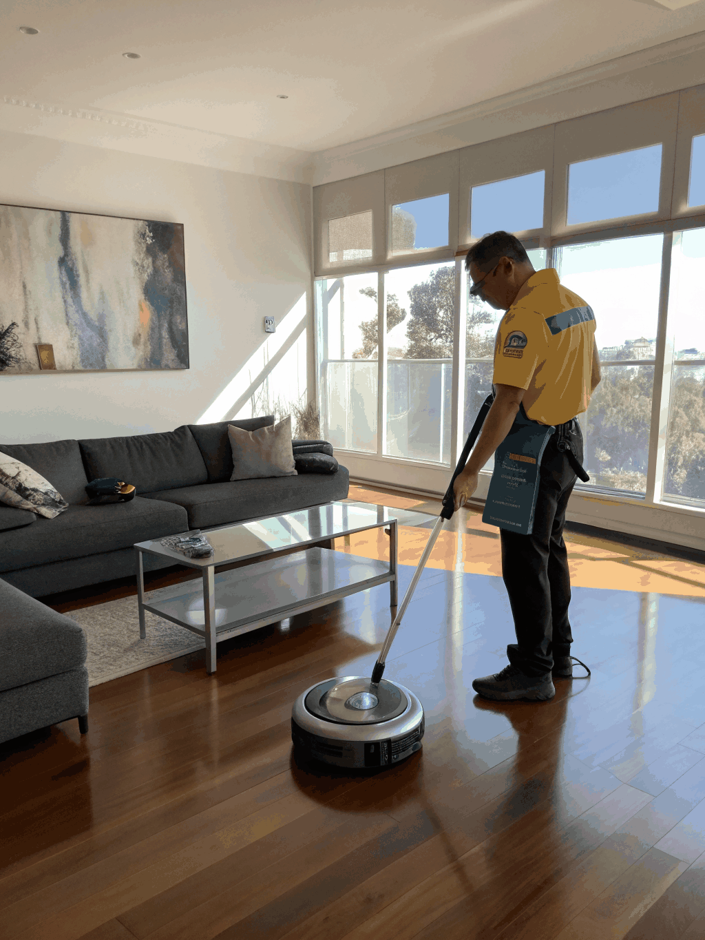 Professionelle Reinigungskraft bei der Arbeit in einer hellen Wohnung