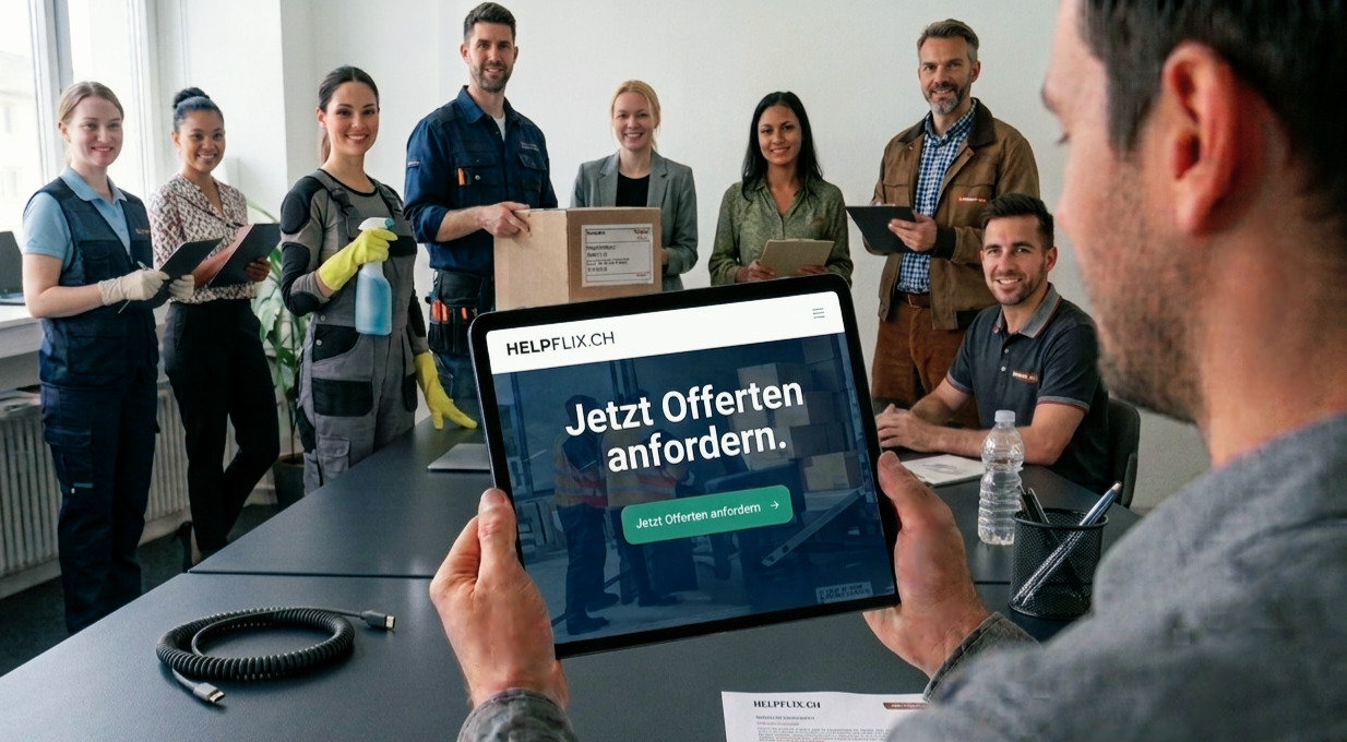 Person mit Tablet zeigt HELPFLIX.CH Website, Team von Dienstleistern im Hintergrund